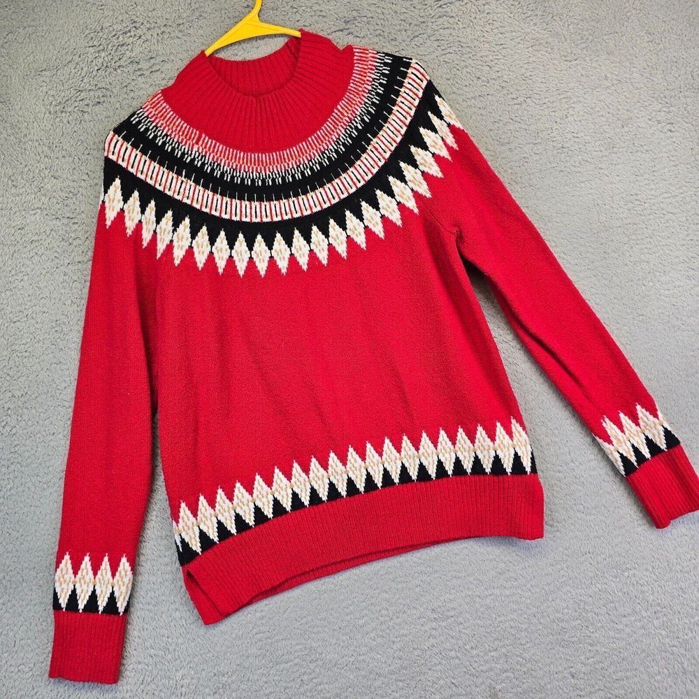 Charter Club Sweater Womens M Red Mock Neck Fair Isle Nordic Icelandic Fisherman